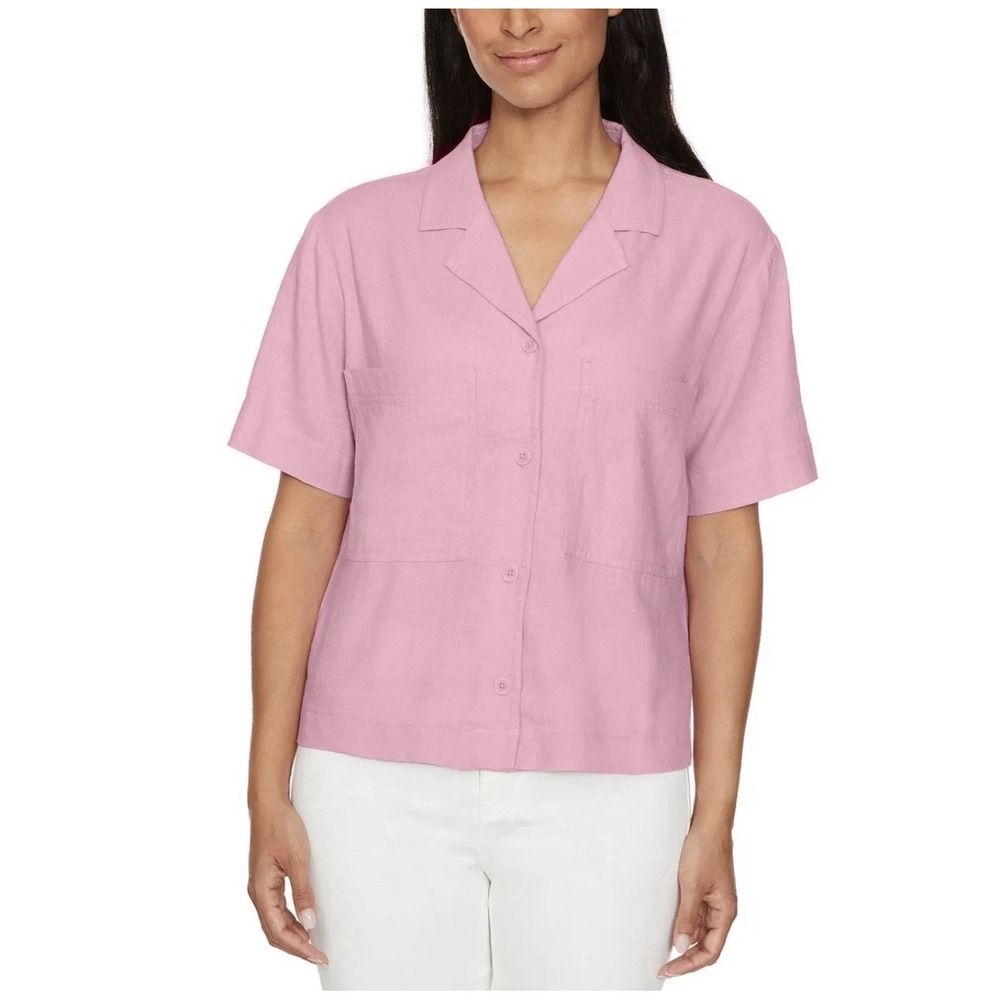 NEW Buffalo David Bitton Linen Blend Short Sleeve Utility Top Pink Size XL